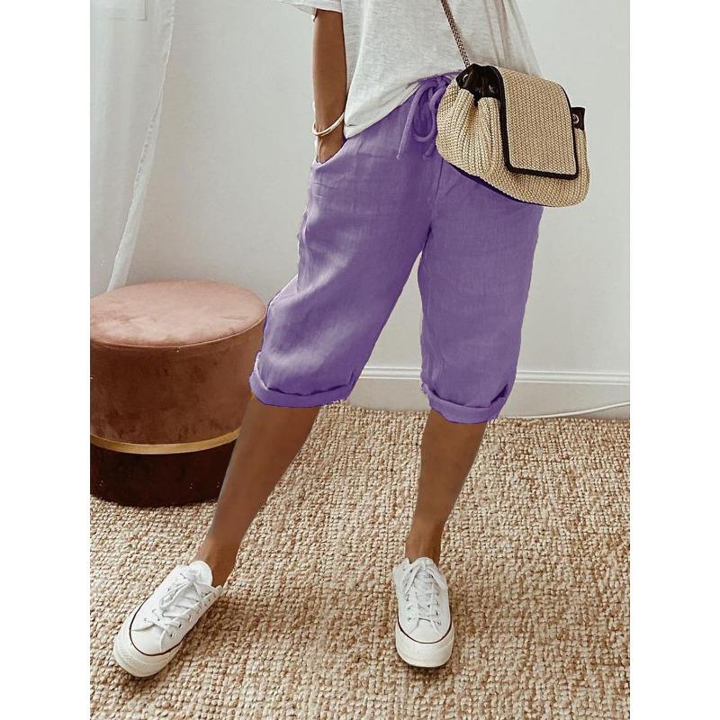 Женские эластичные повседневные брюки из хлопка и льна с карманами Женские брюки Брюки с пятью точками