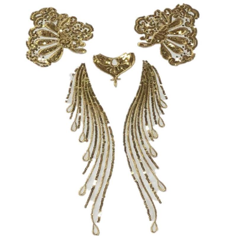 1 Set Gold Sequin Lace Fabric Appliques Embroidered Sew Patch For Wedding Decoration Dress DIY