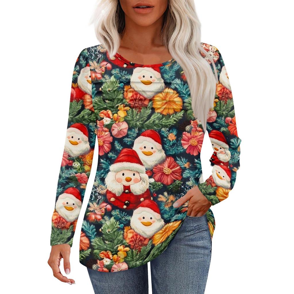 Женская повседневная мода рождественский принт круглый вырез плиссированный длинный рукав топ
