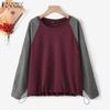 Women Patchwork Long Sleeve Casual Round Neck Loose Blouse
