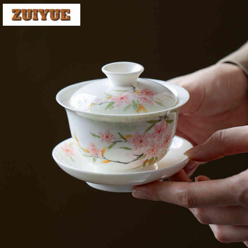 150ml Hand-painted Peach Blossom Gaiwan Handmade Tea Tureen Tea Bowl With Lid Kit Tea Brewing Cover Bowl Tea Ceremony Collection