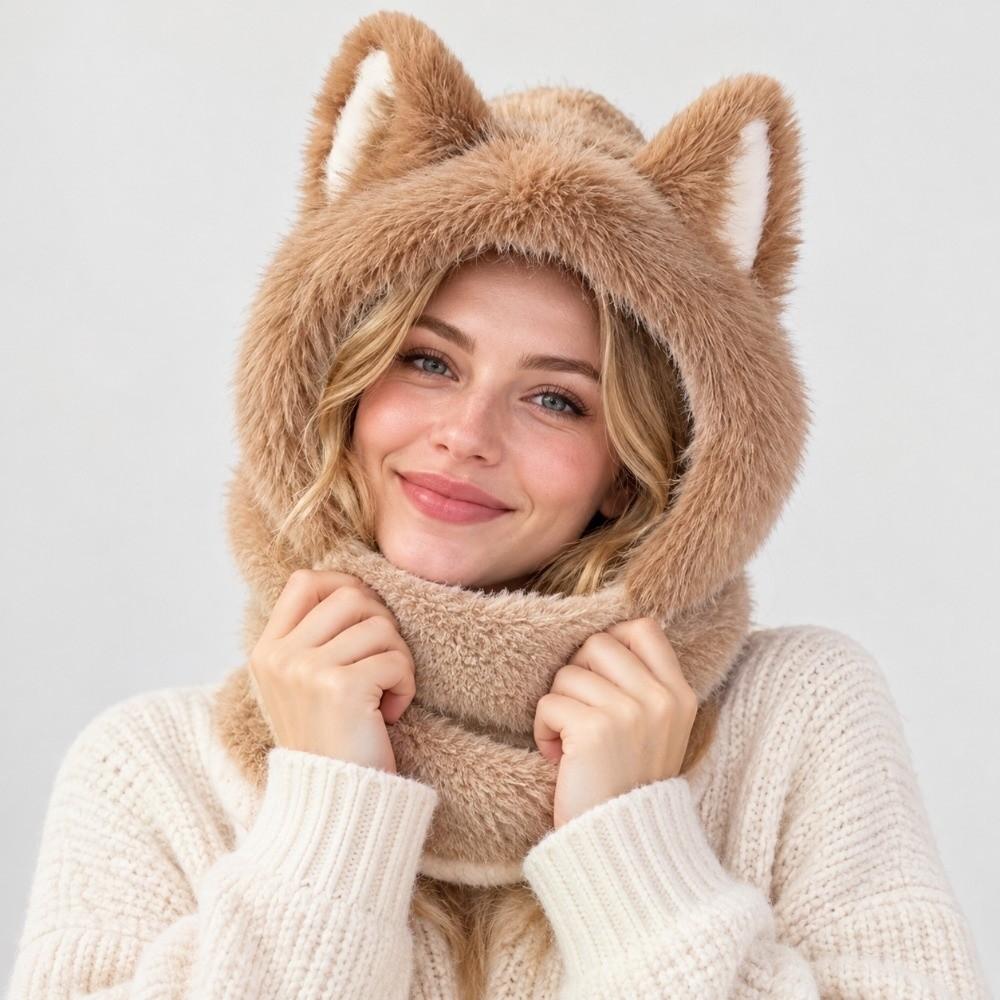Fox Ear Design Women's Scarf Hat keep warm Integrated Bean Hat Cute Fluffy Hat Scarf Winter
