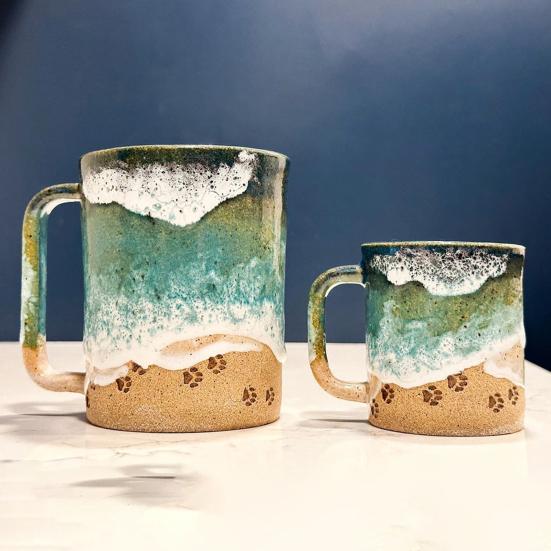Кружка Yousheng Paw Print Ocean Shoreline, керамическая кофейная чашка, ручная работа, узор из волн, кружка для чая, 11/15 унций, кружка для питья в виде когтя морской пены, сувенир на пляж, подарок