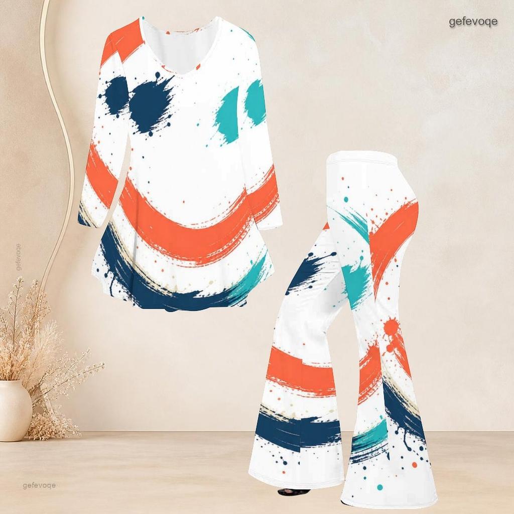 Women Plus Size Halloween Printed V Neck Three Quarter Sleeve Flared Top And Flared Pants Two Piece Set