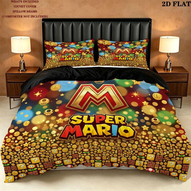 Super Mario Pattern Bedding Quilt Set Quilt Cover Pillowcase Home Birthday Gift(1 * duvet cover + 2 * pillowcase, without core)