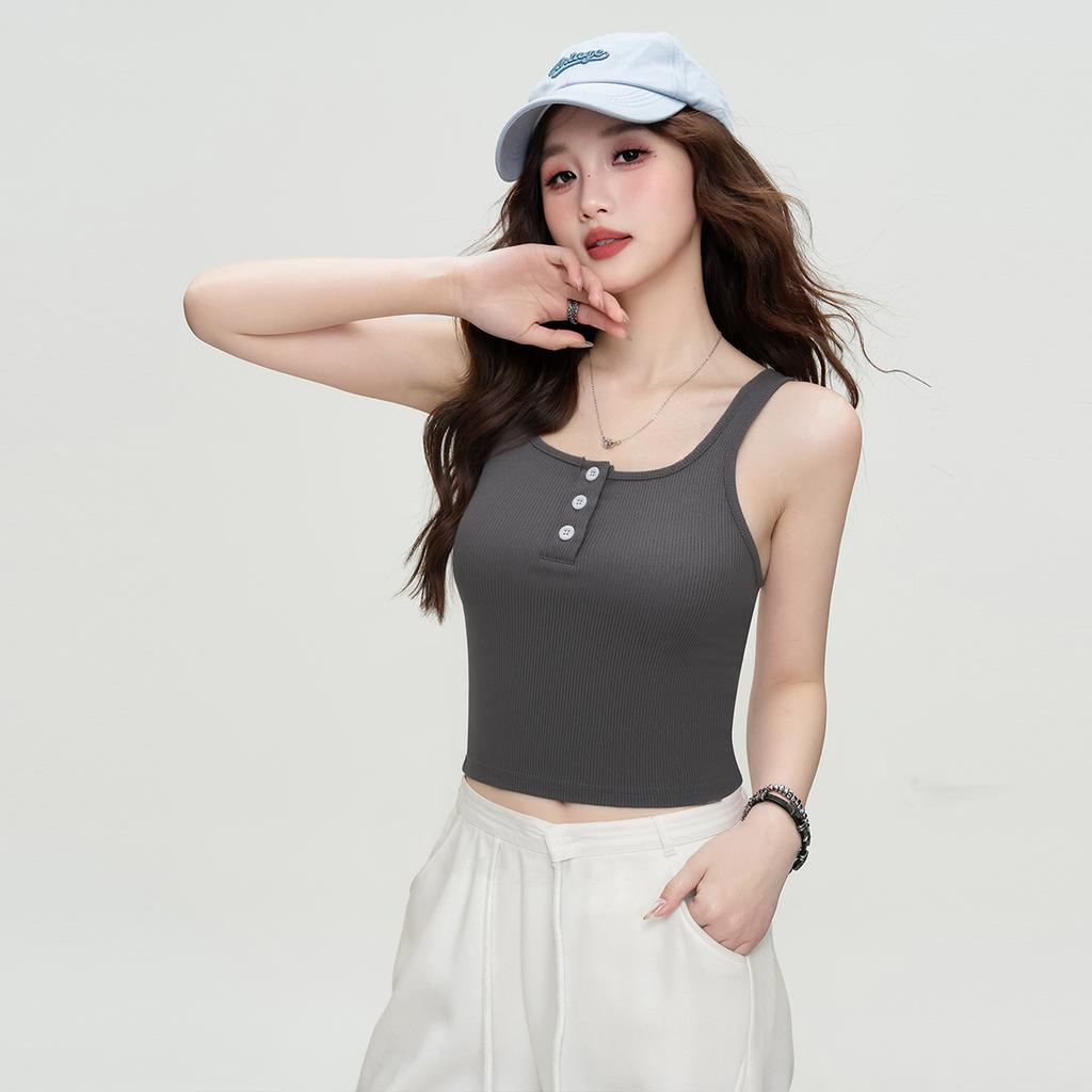 Summer solid color vest, camisole, button, slim fit, sexy interior, breathable casual pullover top