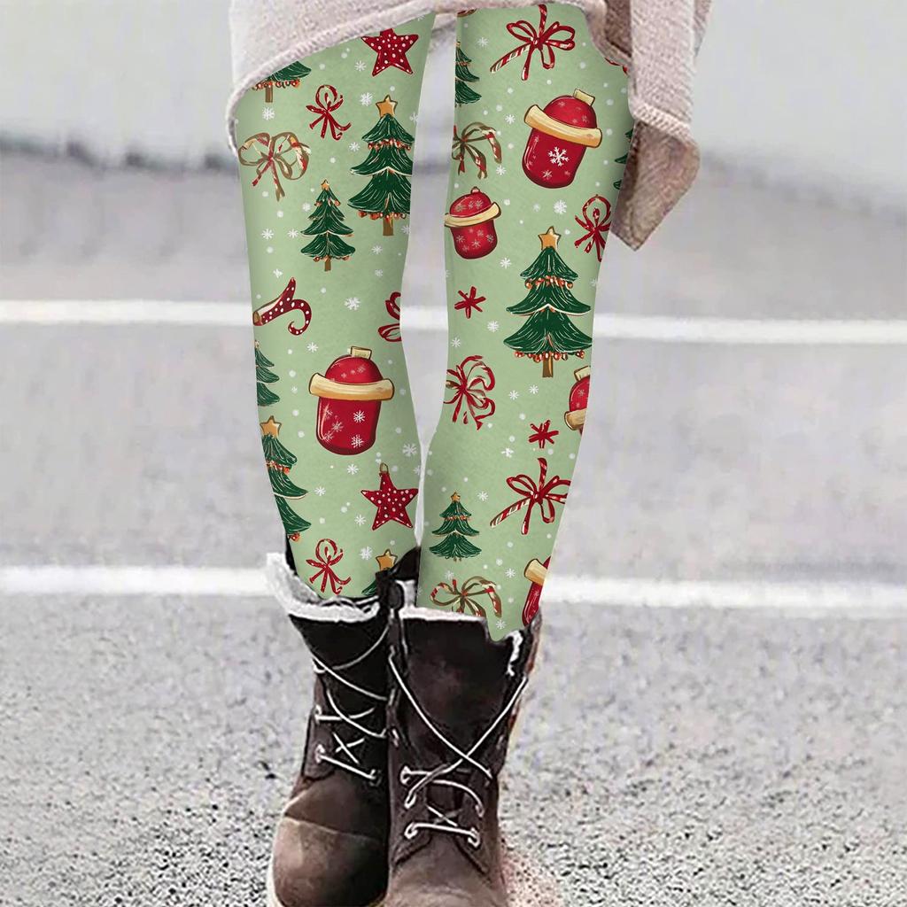 Women's Casual Christmas Tree Snowflake Print Slim Fit Elastic Yoga Pants Cropped Pants