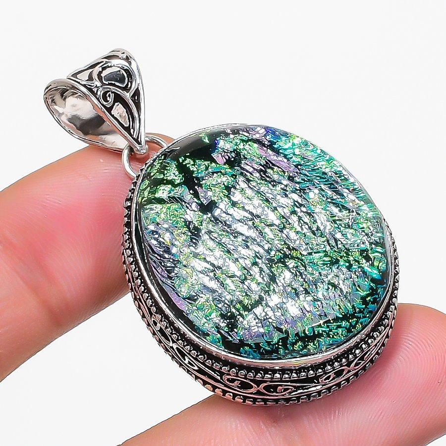 Dichroic Glass Gemstone Handmade 925 Sterling Silver Jewelry Pendant 1.89" KJ-1598