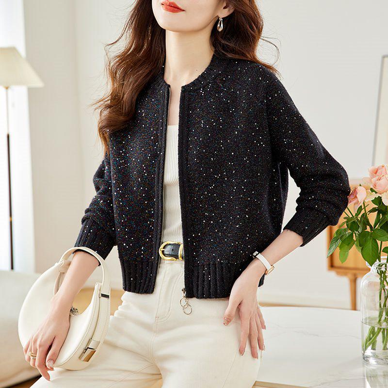 Осенний женский кардиган-шаль из блестящего трикотажа с длинными рукавами