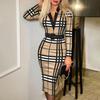 Europe And The United States Cross-border Autumn And Winter New Fashion Plaid Print V-neck Dress Sheath Sexy Dress