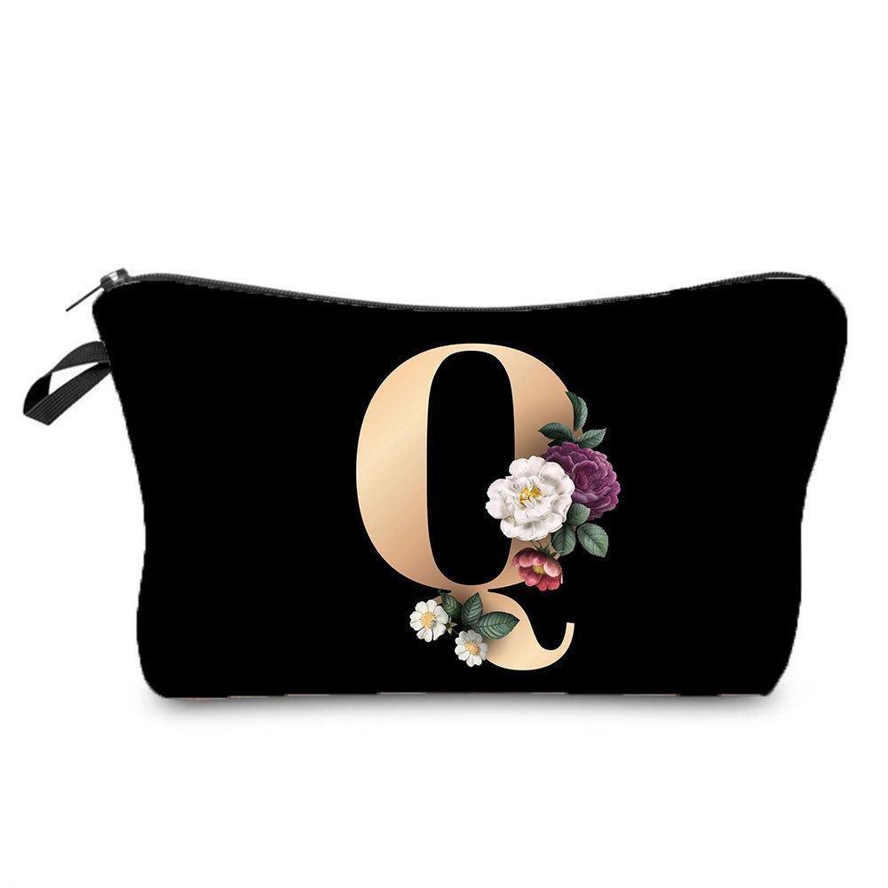 26 Initials Flower Cosmetic Bag A-Z Letter Makeup Bags Women Travel Bridesmaid Gift Ladies Portable Cosmetic Case Beauty Bag