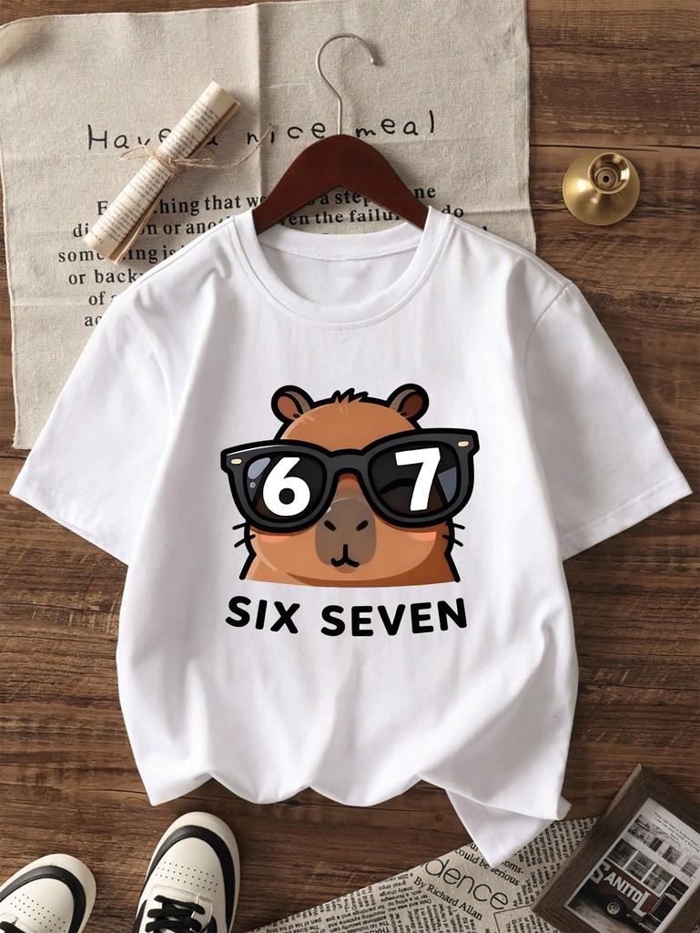Fun SIX SEVEN Capybara Graphic Tee Shirt Kids Cartoon 6 7 Number Print Cool Style TShirt Summer Streetwear Top for Girls Boys