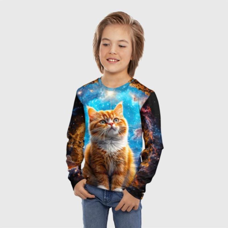 Children's Cartoon Lively Kitten Print Multi-color T-shirts Boys Cute Long Sleeved Soft Comfortable Top