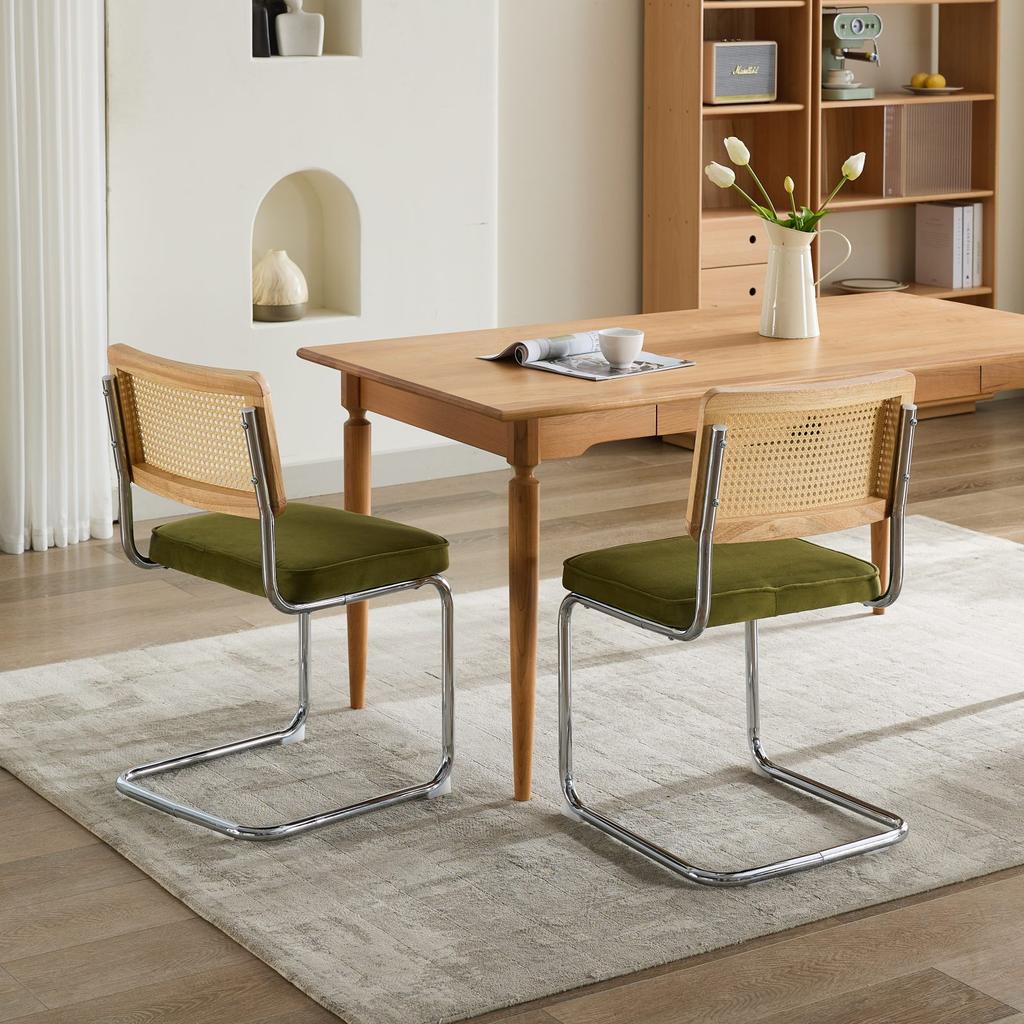 Mid Century Modern Dining Chairs Set of 2, Velvet Accent Chairs with Natural Cane Back & Stainless Chrome Base, Olive Green, DE1851OL