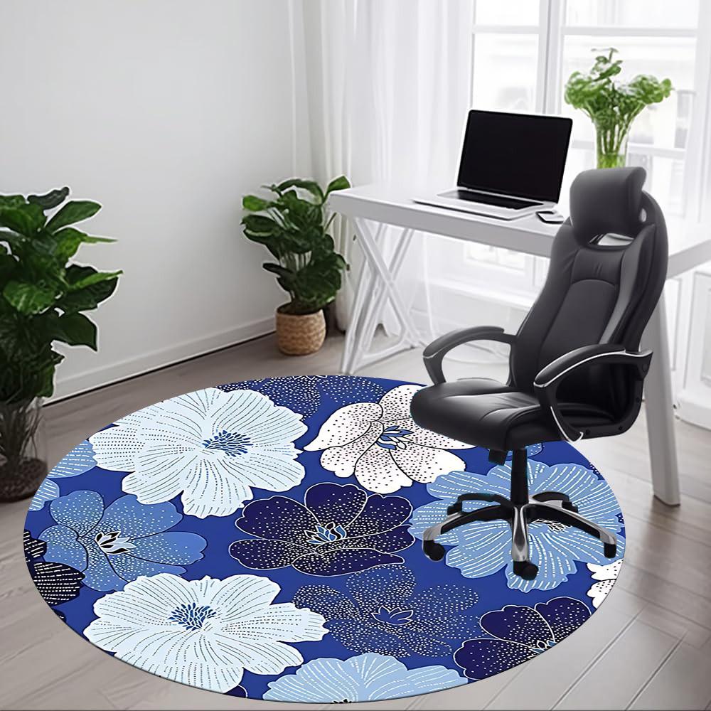1pc Floral Blue Office Round Area Rug, Mat Suitable For Office, Under Office Chairs Bedroom Living Room Home Decor, Room Deco
