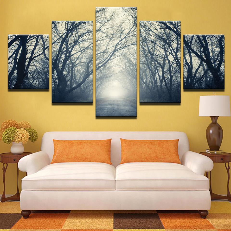 5 Piece Wall Art Canvas Paintes Forest Trail Morning Mist Landscape Paintings Trees Poster For Home Living Room Decoration No Frame