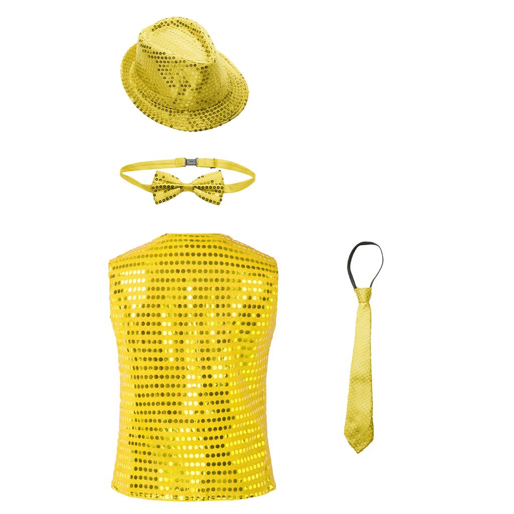 Boys Shiny Sequin Vest Sleeveless V Neck Design Button Front Jazz Dance Costume Vest Set