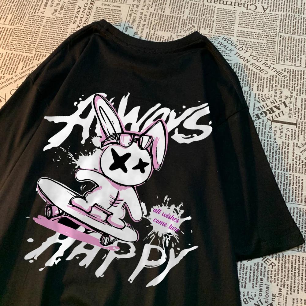 Always Happy Skateboard Rabbit Мужские футболки свободного покроя Harajuku Мягкая одежда Модная дышащая футболка Хлопковая футболка с круглым вырезом