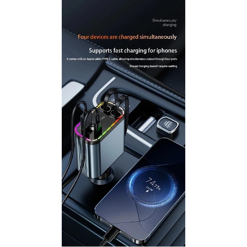 ZRGAE 5 IN 1 Retractable Car Charger 152W Fast Charging Starry Sky LED Lights USB Type-C Power Adapter For iPhone Android