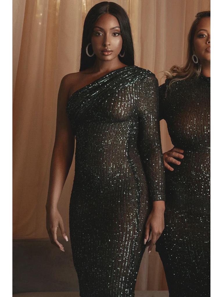 2025 European/American One-Shoulder Sequin Evening Dress with Oblique Collar