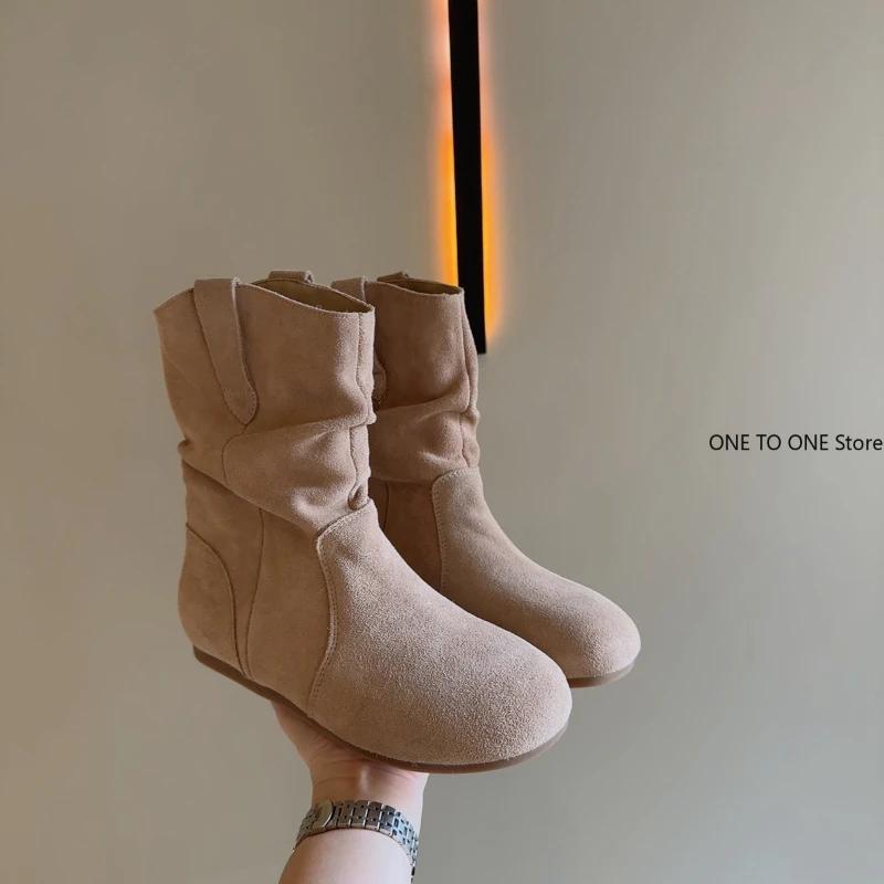 Модные винтажные плиссированные ботинки-трубы до щиколотки MartinBoots женские 2024 осень новые простые ретро плоские удобные рыцарские ботинки Tenis Feminino