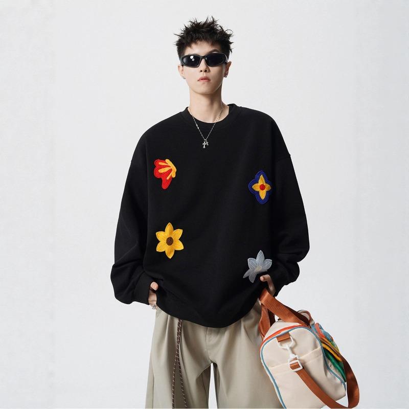 Flower printing heavy crew neck sweater brand autumn and winter loose casual ruffian handsome black clothes