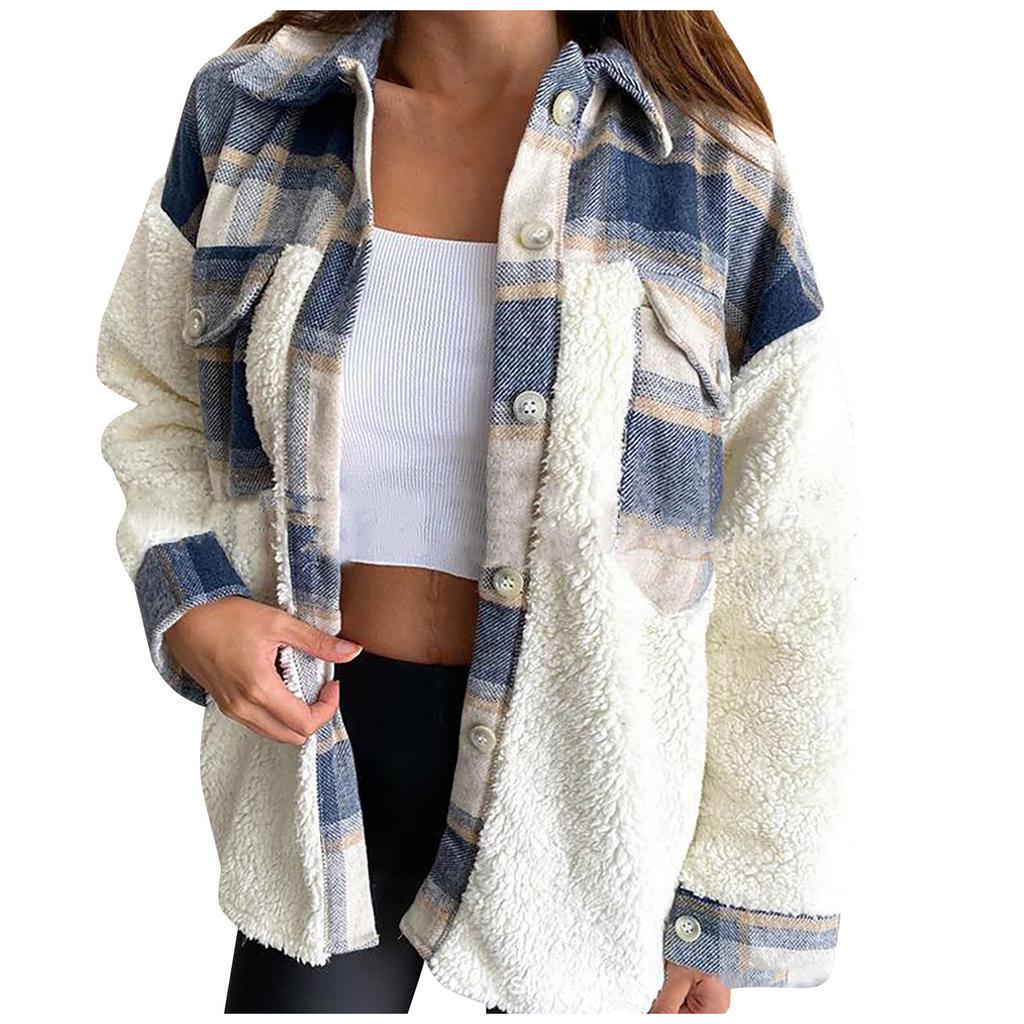 Women Winter Casual Fashion Classic Long Sleeve Lamb Wool Coat Plaid Coat