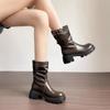 Женские полусапоги на платформе средней высоты с круглым носком по акции Gyaru Зима 2024 Новинка Новый тренд ПУ Женские ботинки до середины икры