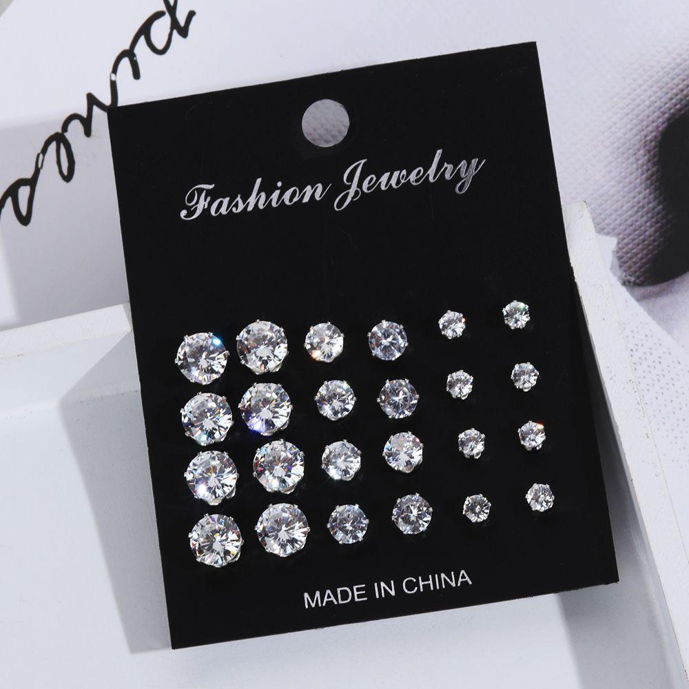 6/12Pairs Elegant Wedding Jewelry Gift Geometric Crystal Stud Earrings Set Round Zircon Alloy Silver