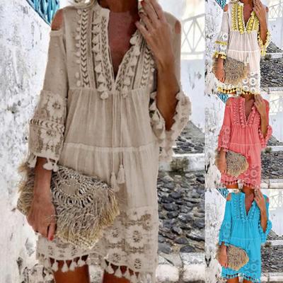 Мини-платье с глубоким V-образным вырезом, однотонное женское платье с кисточками и рукавами 3/4, сарафан