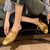 Women Ballet Flats Women Leather Shoe Narrow Band Silver Flats Bling Bling Gold Round Toe Spring Footwear