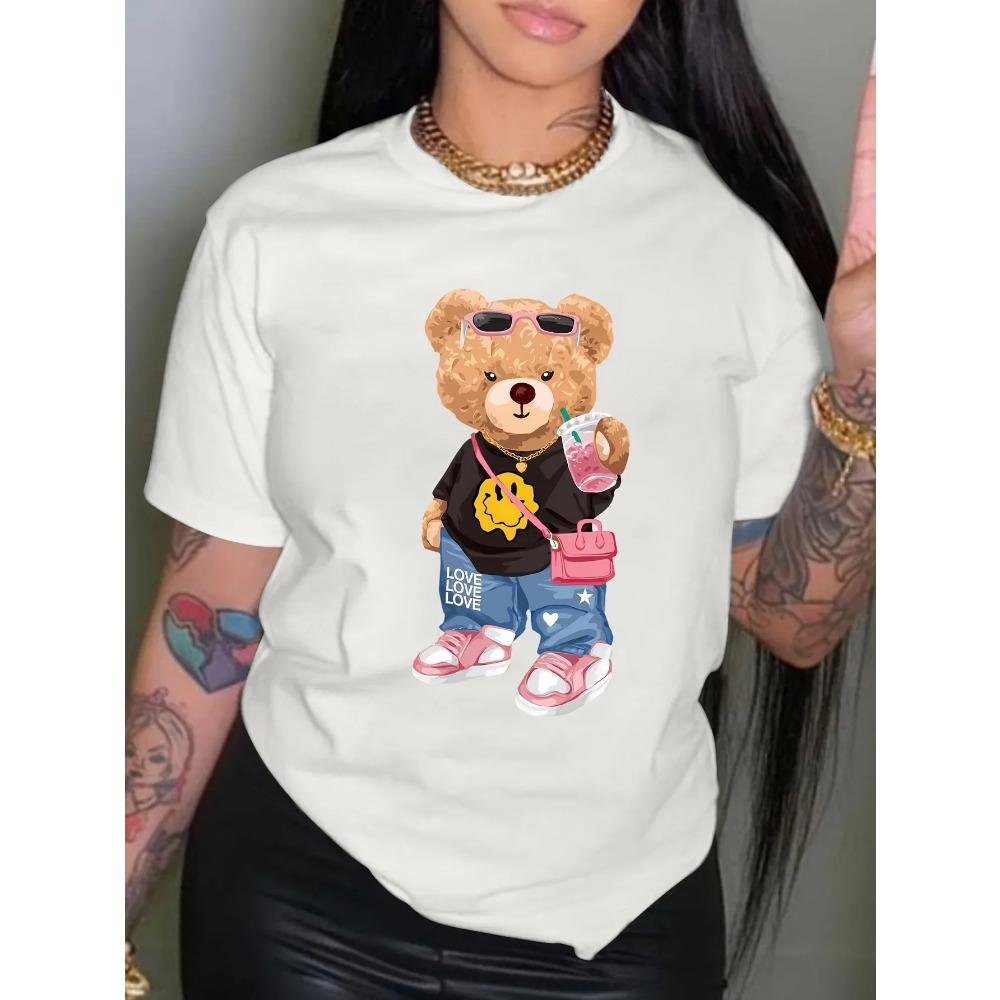 kawaii Little Bear Print Tshirt Short Sleeve Crew Neck Casual Top for Summer Spring Womens Clothing Shirt