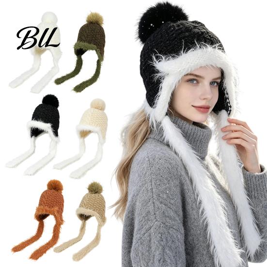 Thick Plush Edge Winter Hat Women Knitted Earflap Hat, Fuzzy Trim Pompom Soft Warm Fluffy Pom Knit for Outdoor Cycling, Cold Weather Daily Wear