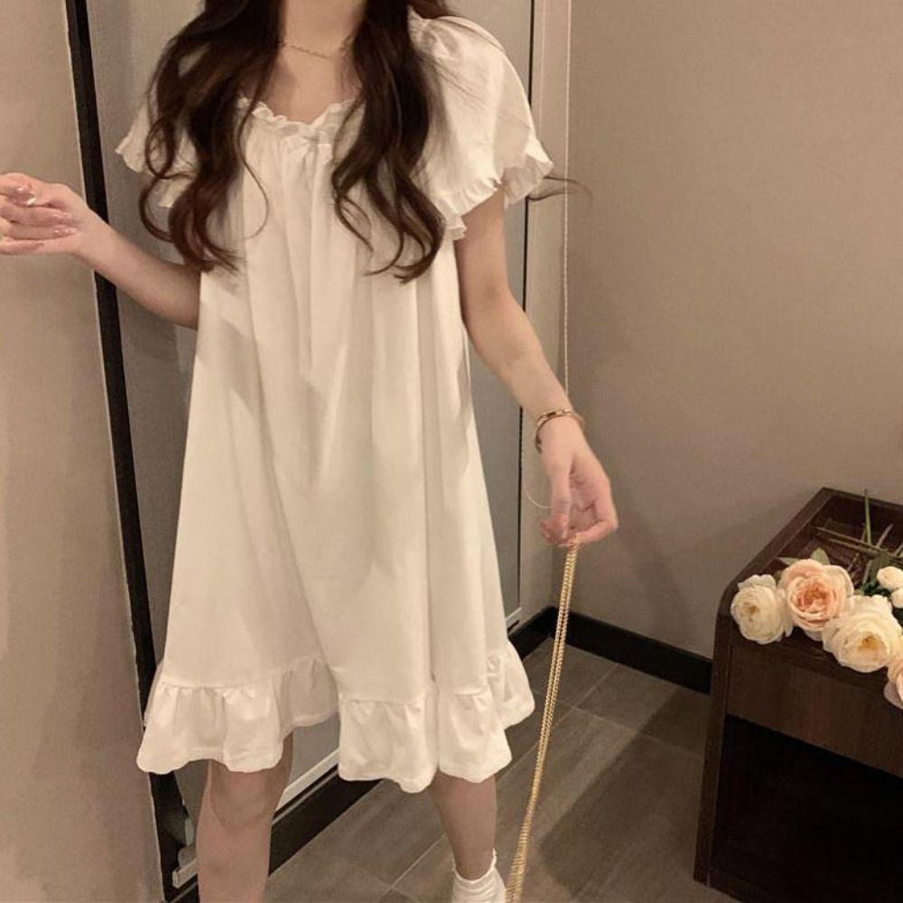 Short Sleeve Women's Pajama Dress Loose Princess Nightgown Elegant Ruffle Nightdress  Female