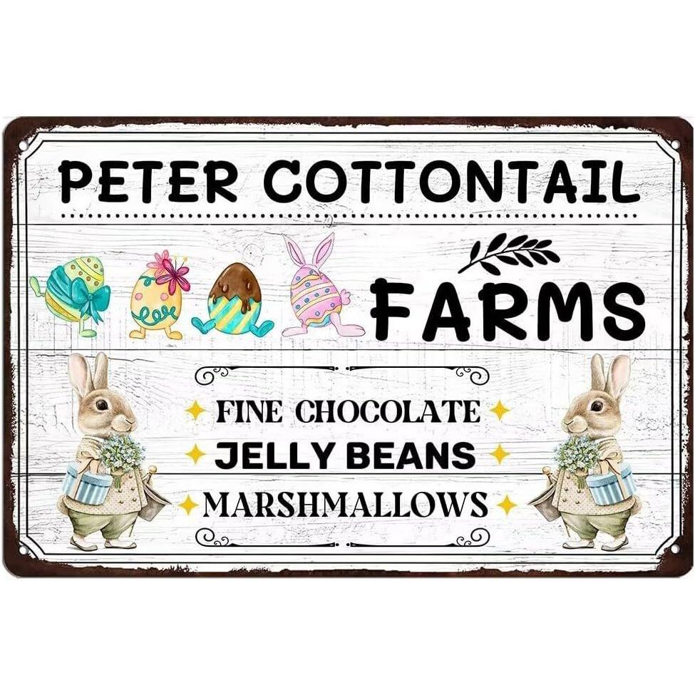 Vintage Peter Cottontail Farms Metal Tin Sign Easter Bunny Spring Farmhouse Wall Decor with Chocolate Jelly Beans Marshma
