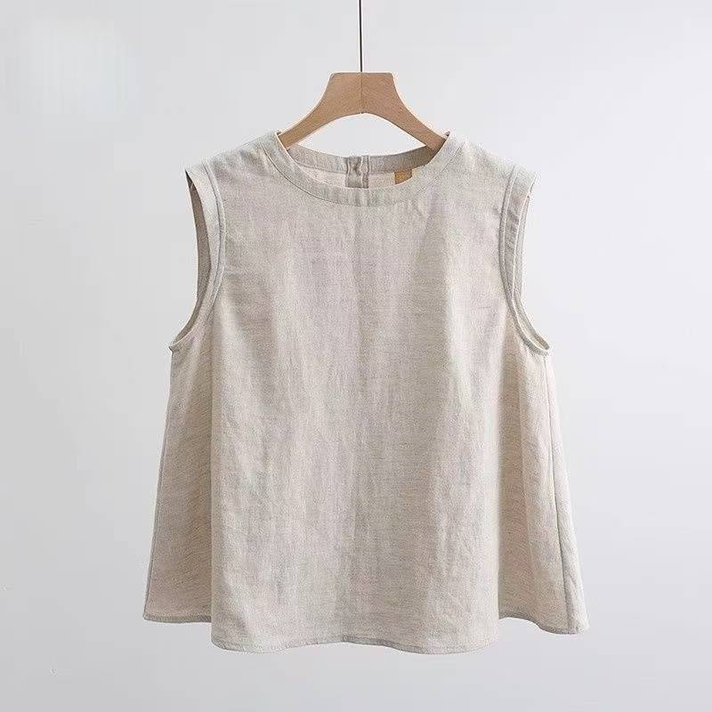 Cotton Linen Sleeveless T Shirt Women Summer Tees Round Neck White Black Vest Korean Style Tank Tops