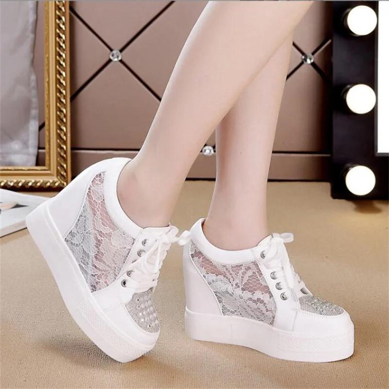 Fashion Women Sneakers Wedding Rhinestone Casual Platform Trainers White Mesh Shoes 11CM Heels Breathable Woman Height Increasing Shoes