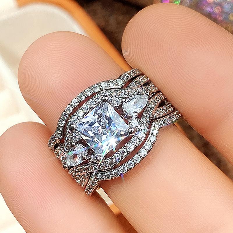 Благородный женский обручальный комплект колец с блестящим фианитом великолепный комплект из 3 колец для невесты изысканные высококачественные аксессуары для женщин