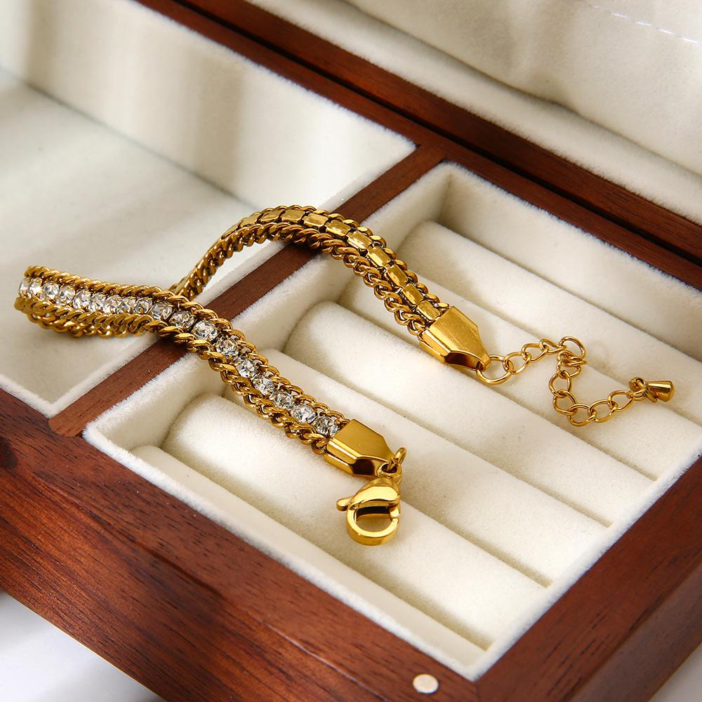 European and American INS light luxury fashion zircon diamond wide version bracelet plated with 18K gold stainless steel waterproof design jewelry