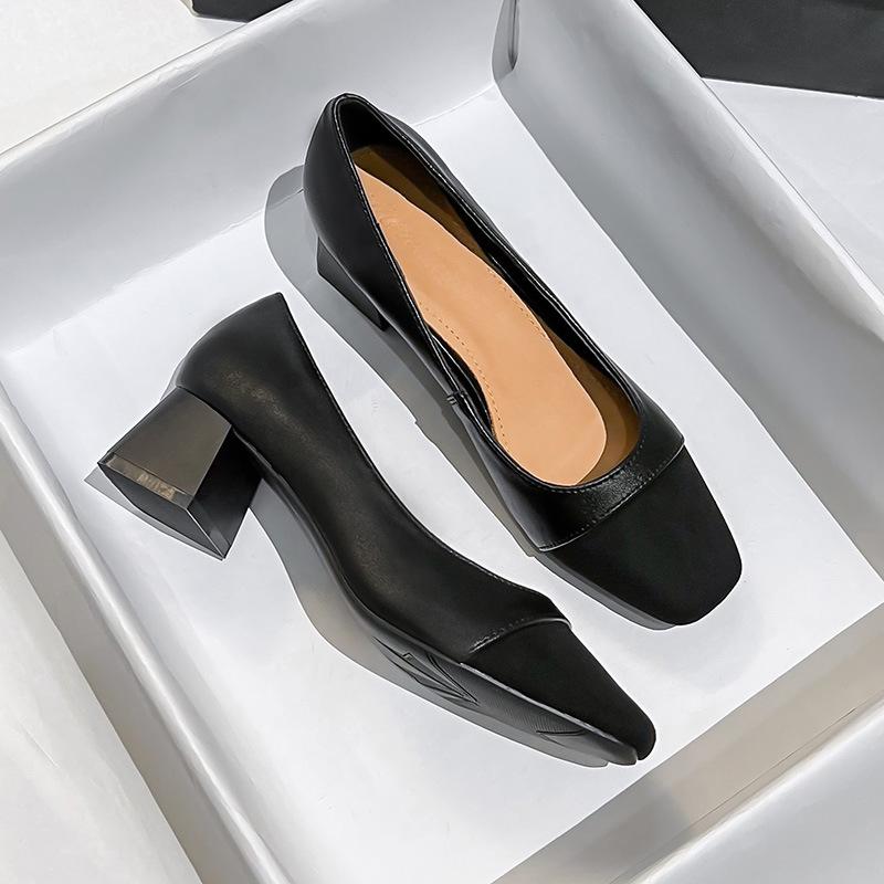 Весна 2024 года, новые женские туфли на низком каблуке большого размера 41-43, квадратный толстый каблук, одинарные туфли из натуральной кожи для женщин