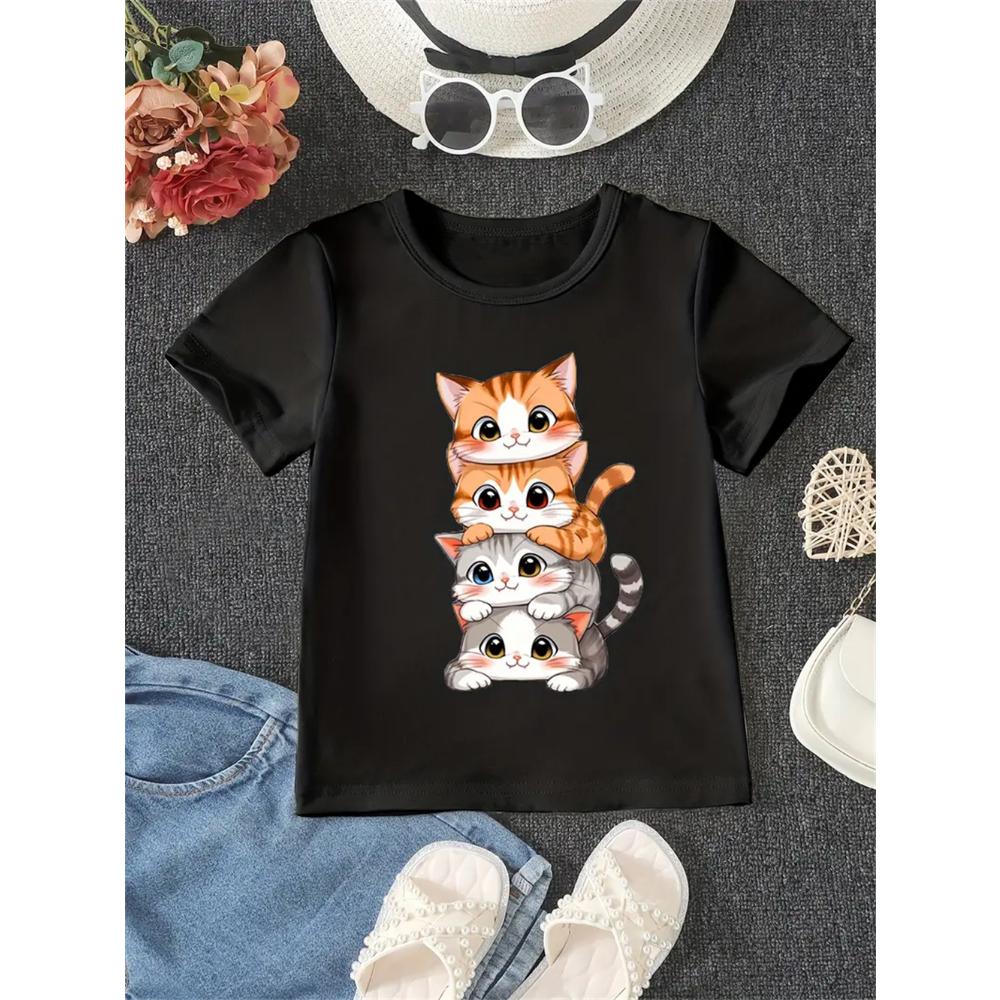 New Funny Animal Cat 3d Print Girls' T-Shirts Party Fashion Short Sleeved Tops Tee 2025 Casual T-Shirts Girls' Clothing