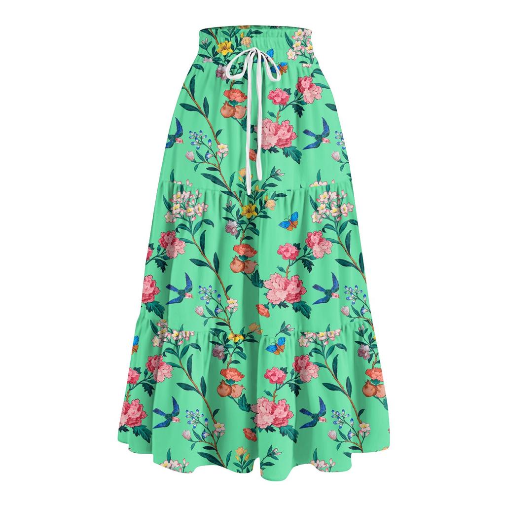 Women's Ruffled Spring Casual Long Skirt Plain Color Skirt Retro Pleated Skirt