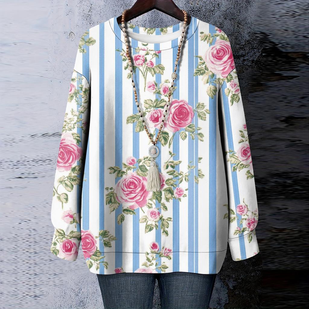 Женская футболка с цветочным принтом, круглым вырезом и длинными рукавами, свитшот