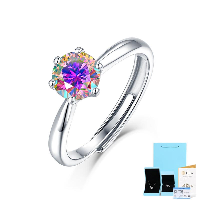 Bague Ringen S925 Silver Six Claws Set With 1ct Color Moissanite Women's Simple Fashion Can Open Adjustable Ring