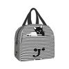 Cute Black Cat Thermal Lunch Bag Women Black And White Striped Lunch Box Kids Insulated Reusable Portable Picnic Travel Bag
