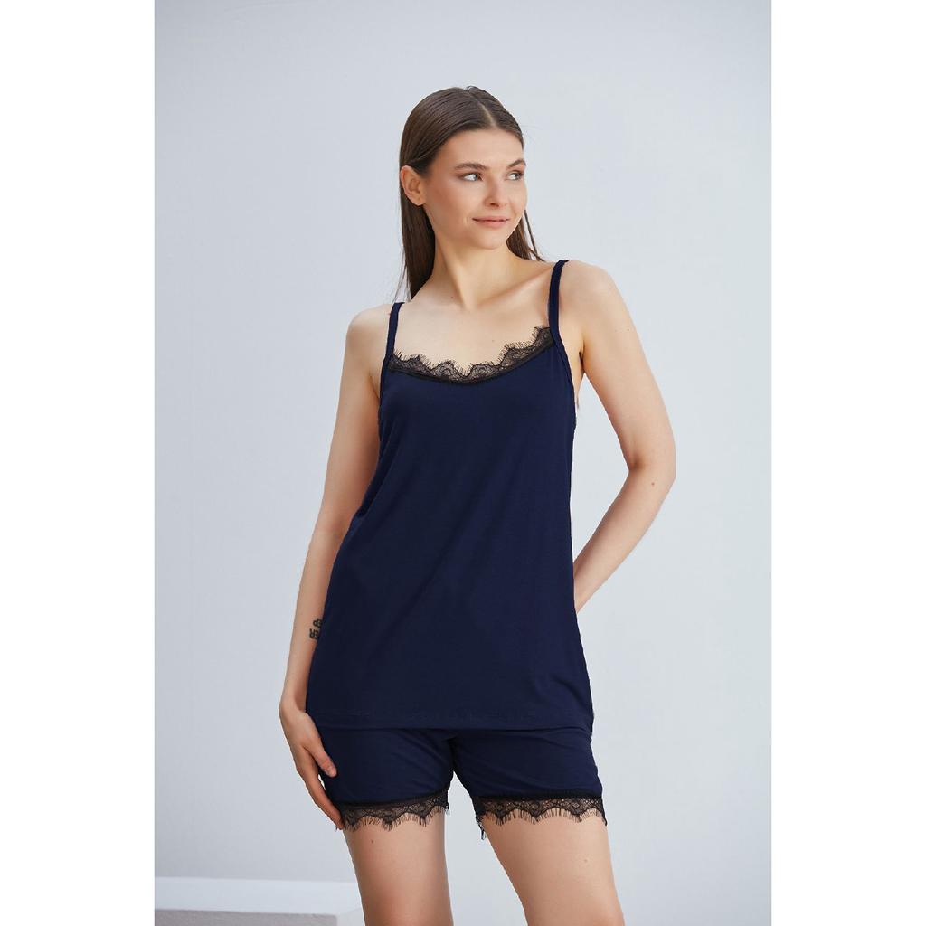 Viscose Knitted Shorts Rope Strap Lace Pajama Set Black