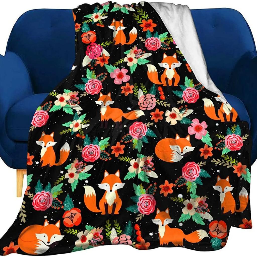 Cute cartoon fox digitalprinted polyester Bedroom velvet flannel cover blanket Fleece soft sofa cover blankets for beds