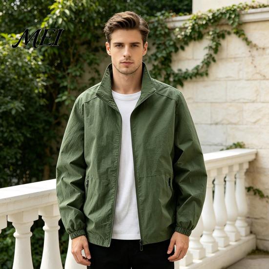 Solid Color Slim Fit Jacket Men Windbreaker Jacket, Windproof Waterproof Stand Collar Coat, Casual Zip-up Fashionable Layering Tops for with Zippered