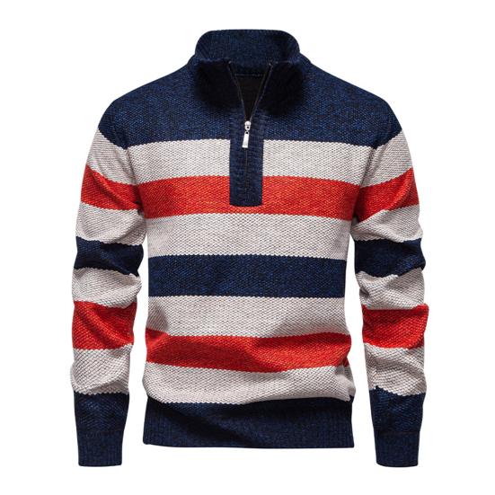 Men Knitted Sweater Color Block Zippered Half Turtleneck Pullover Tops Long Sleeve Half-Zipper Casual Pullover Tops