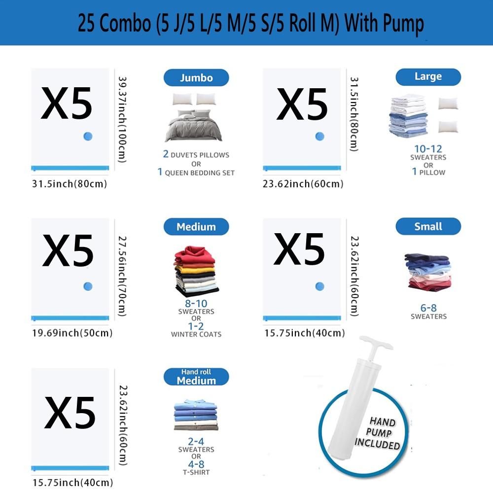 30 Pack Vacuum Storage Bags with Pump Space Saver Storage Bags Vacuum Seal Bags for Clothing Pillows Bedding Travel Organizer